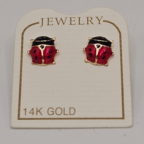 14KT Gold Ladybug Enamel Stud Screw Back Earrings 8mm